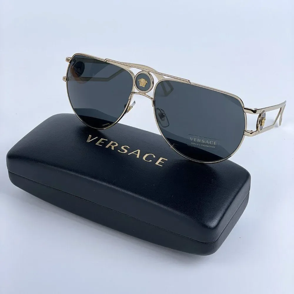 NEW Versace VE2225 MEDUSA PILOT 100287 Gold Gray Aviator Metal Unisex Sunglasses